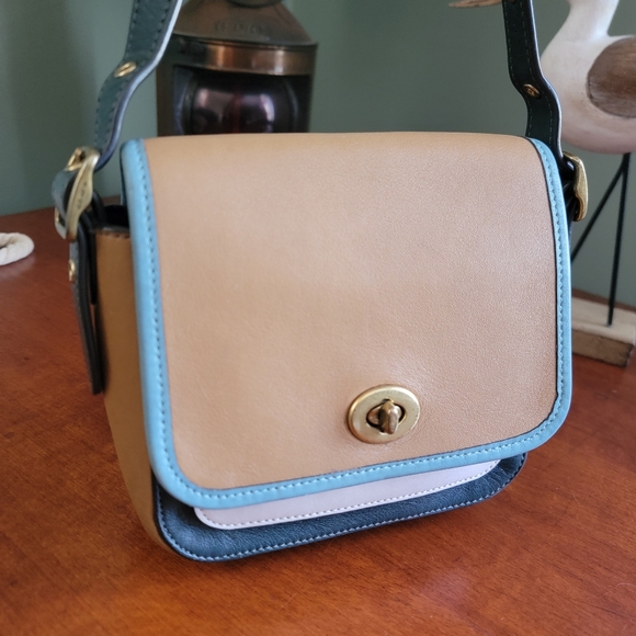 Coach Colorblock Rambler 16 Limited Edition Crossbody Tan Blue Pink #89126 - Picture 1 of 16